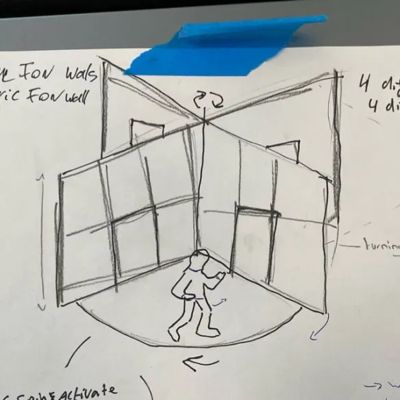 An image depicting a sketch. The sketch displays a stickman-like figure walking through what appears to be a 4-panel wall setup, with doorframe cutouts.